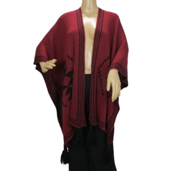 Deep Red Navajo Style Poncho Wrap with Tassels - Picture 1 of 5